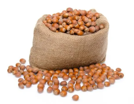 Hazelnuts in a burlap bag Stock-Fotos