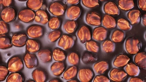 Hazelnuts in chocolate. storage of baked hazelnuts in chocolate. slowmo close-up Stock Footage 176714647
