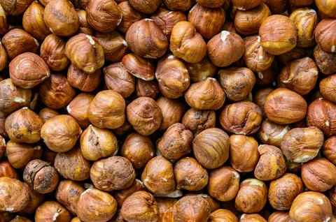 Hazelnuts. Close up of huzelnuts background.  Top view Stock Photos