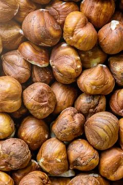 Hazelnuts. Close up of huzelnuts background. Top view Stock Photos