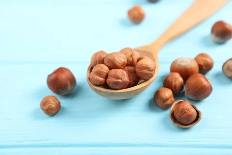Hazelnuts close-up on the table. Minimalism, place for text Stock Photos