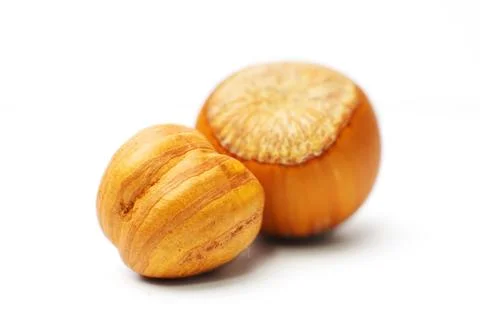 Hazelnuts in closeup isolated on white background 스톡 사진