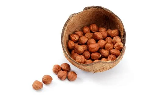 Hazelnuts in a coconut shell isolated on white background. Stock Photos