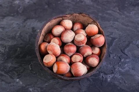 Hazelnuts in coconut shells Stock Photos