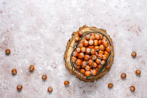 Hazelnuts on concrete background,top view Stock Photos