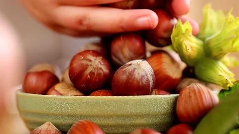 Hazelnuts in a cup. The child's hand pours nuts into a cup. Stock Footage 174328088