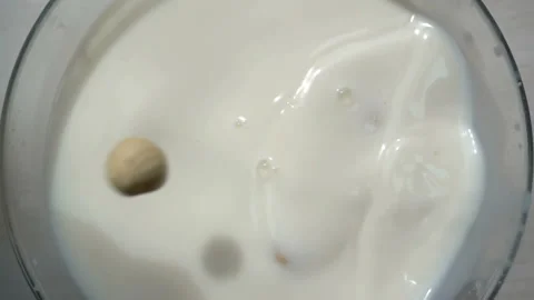 Hazelnuts fall in slow motion of milk. Stock Footage 134594929