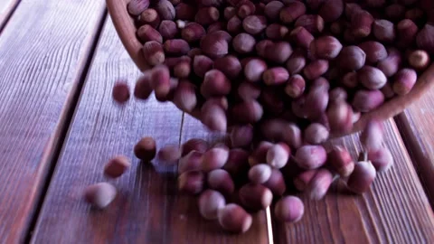 Hazelnuts fall on a wooden table Stock Footage 239016964