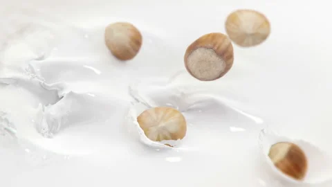 Hazelnuts Falling Into Milk in 4K Super slow motion Stock Footage 139144822