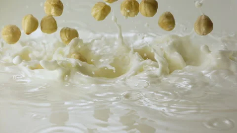 Hazelnuts falling in milk and splashing Stock Footage 149433518