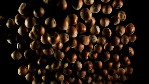 Hazelnuts flying after being exploded tree nuts bouncing black background Video stock 106733126