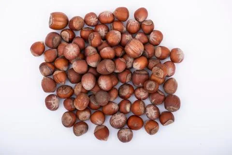 Hazelnuts on isolated white background, top view photo of hazelnuts Stock Photos