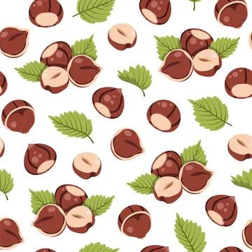 Hazelnuts with Leaves Seamless Pattern Flat Vector. Forest Nut Texture for Food Illustrazione stock
