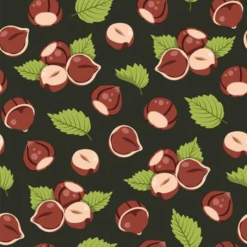 Hazelnuts with Leaves Seamless Pattern Flat Vector. Forest Nut Texture for Food Stock Illustration