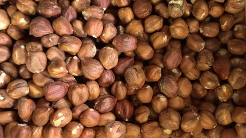 Hazelnuts with natural brown skin close up in transparent container with 库存影片 345722419