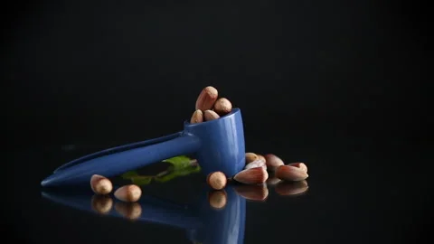 Hazelnuts with nutcracker isolated on black background. Stock Footage 295946396