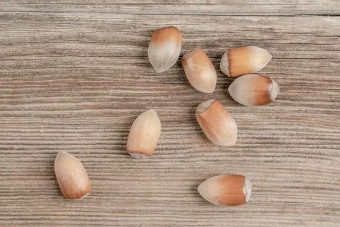 Hazelnuts with nutshells on a wooden table with copy space Stock Photos