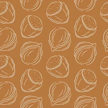 Hazelnuts seamless pattern in line art style on brown background. Nuts texture Illustrazione stock