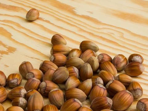 Hazelnuts in shells scattered on a wooden table top. Stock Photos