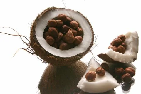 Hazelnuts in a split coconut on white background Stockfoto's