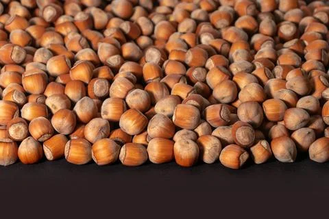 Hazelnuts. Stack of hazelnuts. Food background. Hazelnut on darck background Stockfoto's