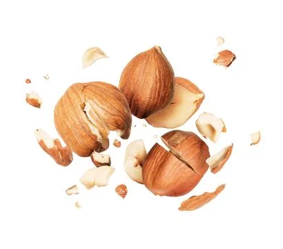 Hazelnuts is torn to pieces close-up, isolated on white background Stock Photos