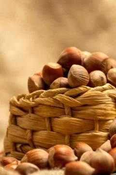 Hazelnuts in a wicker basket and hazelnuts scattered on a background of homes Stock Photos