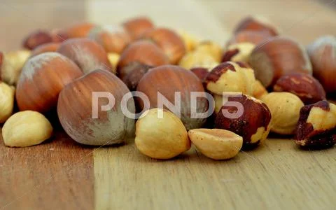 Hazelnuts on wood Stock Photos