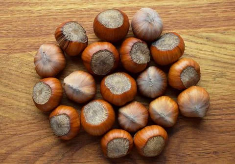 Hazelnuts on a wooden background. Hazelnuts in shell, healthy food Stock Photos