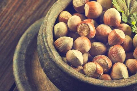 Hazelnuts on wooden background Stock Photos