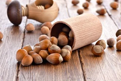 Hazelnuts on a wooden table Stock Photos