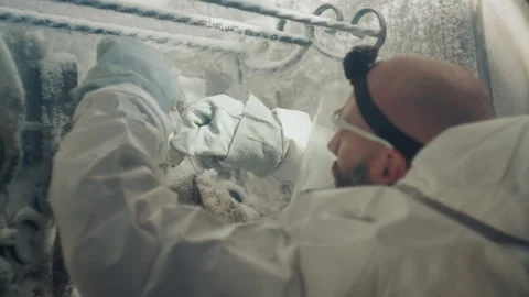 Hazmat specialist retrieves sample in cold chamber. Scientist in protective Stock Footage 346474963
