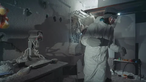 Hazmat worker collects dangerous samples. Dedicated technician meticulously Stock Footage 346523255