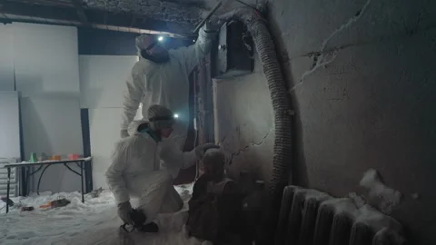 Hazmat worker gathers sample. Frozen pipe inspection in abandoned residence Video stock 342748963