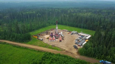 Hazy Aerial View of Drilling Rig in Central Alberta Stock Footage 342020377