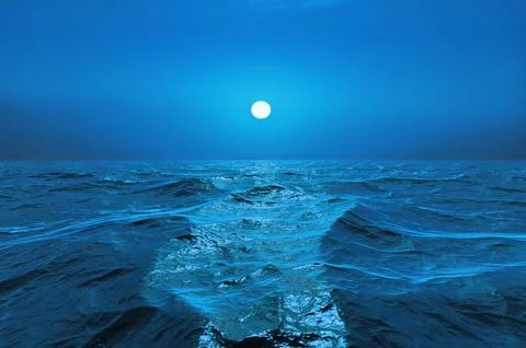 Hazy full moon reflected on rough water Stock Photos