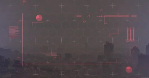 Hazy skyline opening, red hex grid superimposing, populating red nodes and bars Stock Footage 312842326