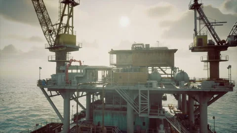 Hazy sunrise illuminates complex offshore oil rig structures Stock Footage 342438262