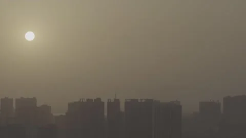 Hazy Sunset City Skyline Start in China 4K Stock Footage 346231419