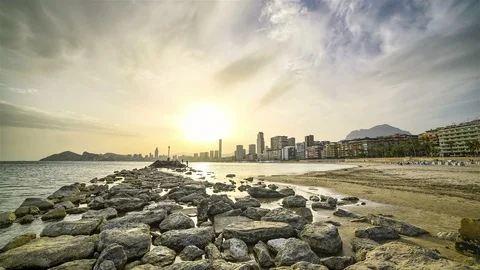 Hazy Sunset over Front Beach   Modern City Stock Footage 98501028