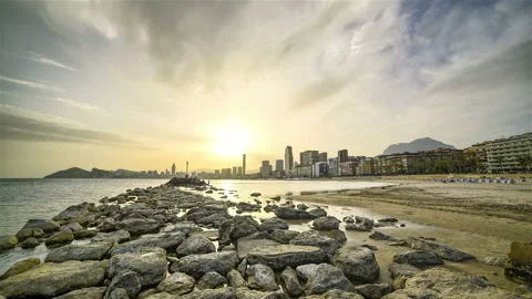 Hazy Sunset over Front Beach in Benidorm, Spain Stock Footage 233728709