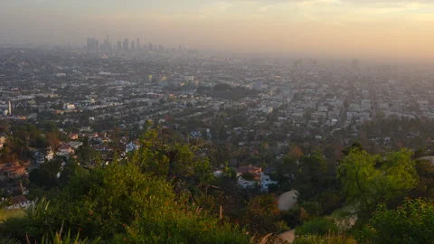 Hazy Sunset View of Los Angeles from Griffith Park Stock Footage 296017948