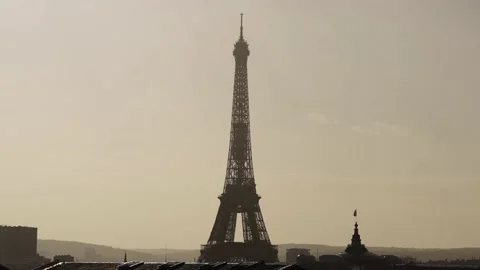 Hazy view of Eiffel tower during golden hour with rooftops and birds Slow Stock Footage 171174090