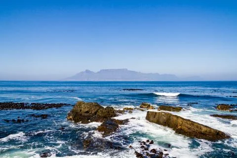 Hazy view of Table Mountain from Robben Island Stock Photos