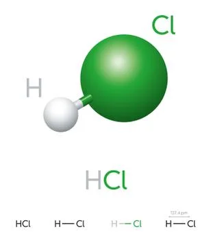 HCl Hydrogen chloride molecule model and chemical formula Stock Illustration