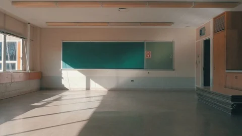 HD 60p Slow Motion - Closed School Empty Classroom Blackboard Sunny Window Stock Footage 128934440