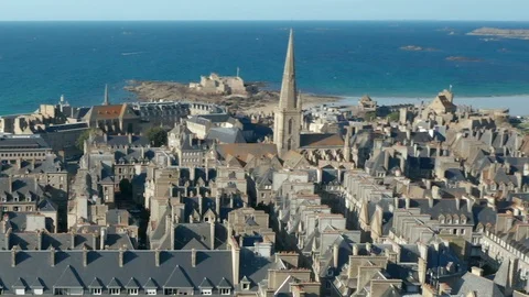 HD Aerial tracking shot of Saint Malo historic town in France on sunny day v4 Stock Footage 119537043