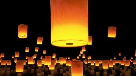 HD beautiful 3d animation, Lanterns flying in night sky Stock Footage 43445956