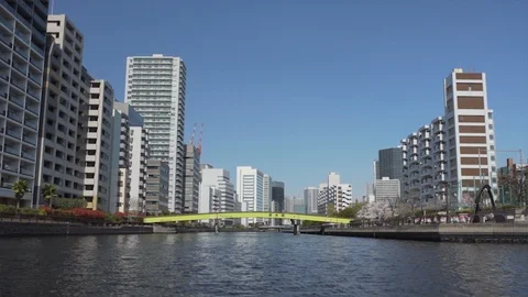 HD Bridge. Cityscape. River. Sakura Crossing. Boat.Tokyo. Wide Shot. Stock Footage