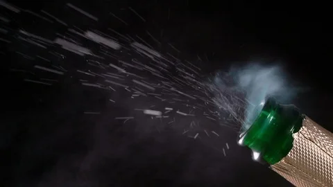 HD - Champagne bottle explosion with cork popping splash. Close-up Stock Footage 99280836